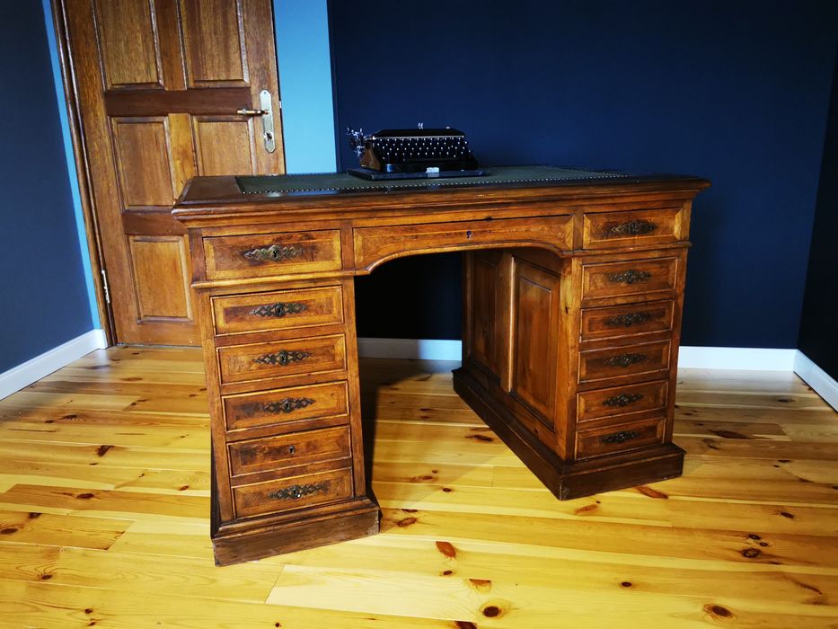 Biurko gabinetowe kolonialne dwustronne drewno intarsja