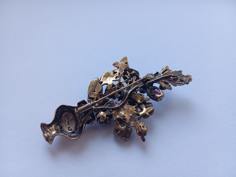 Брошь  Букет Alcozer & J, Италия , позолота, коралл, рубин, стразы.