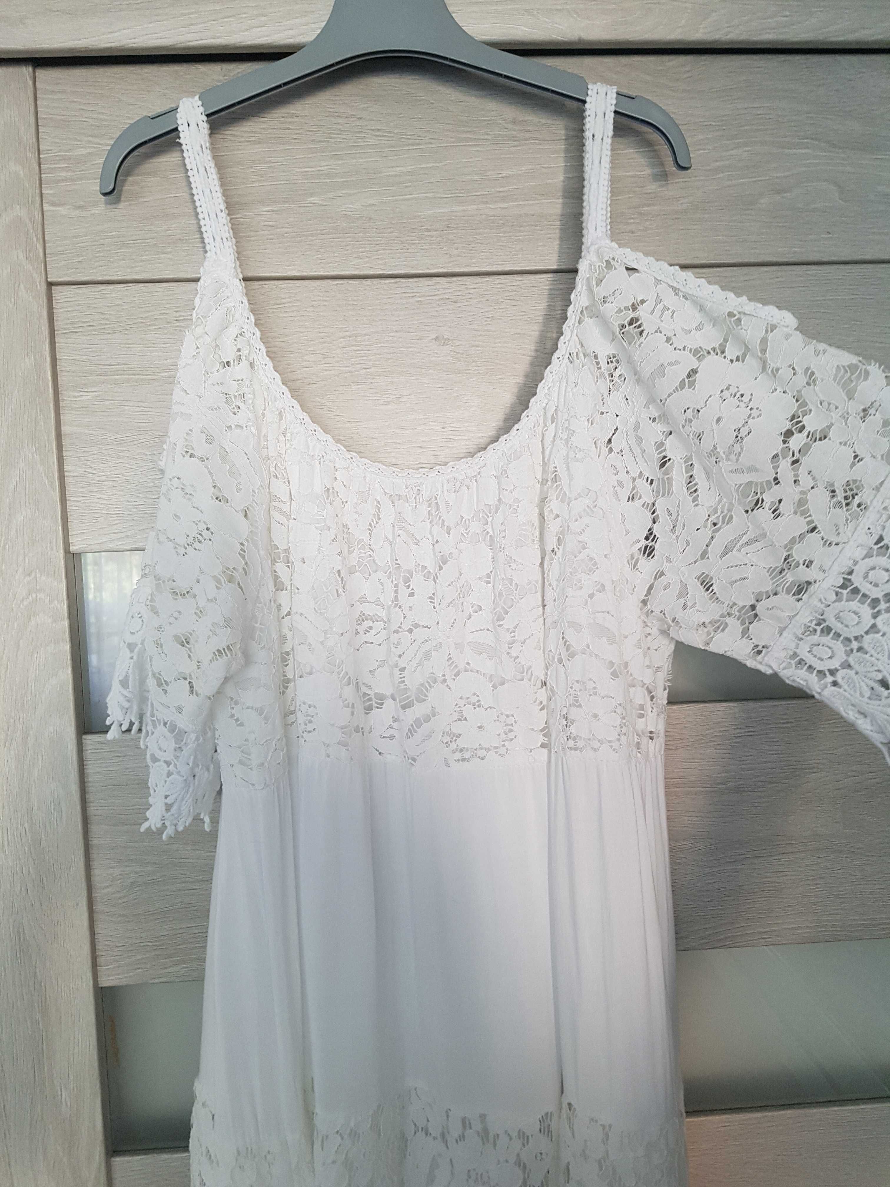Biała sukienka boho z koronką maxi długa XXL