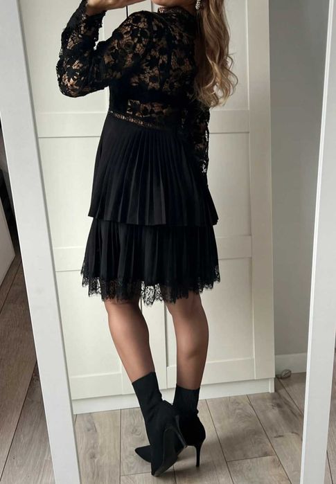 Zara czarna plisowana sukienka MIDI na wesele koronkowe wstawki L