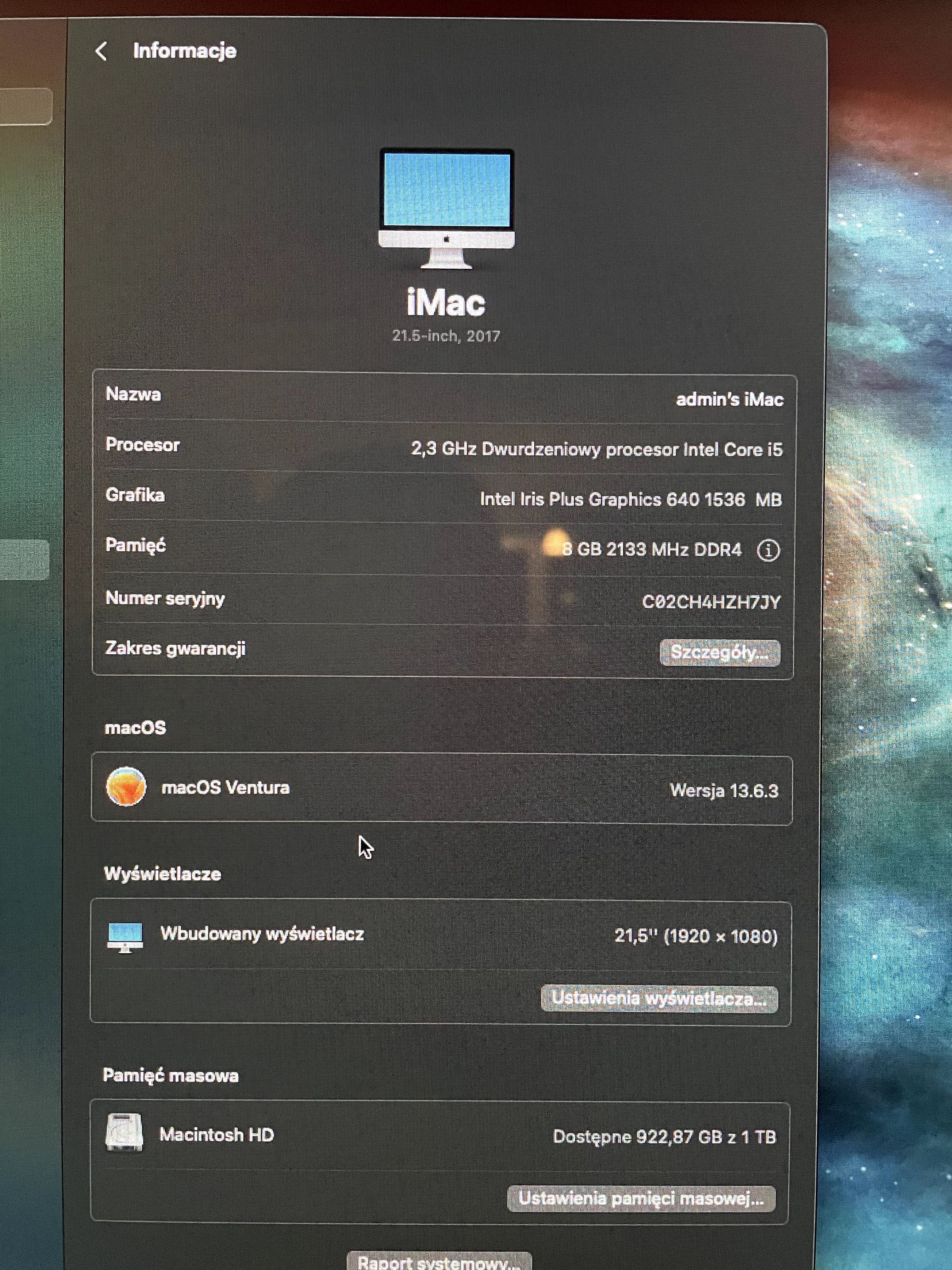 apple IMAC  21,5 2017 8GB dysk 1 TB intel core I5
