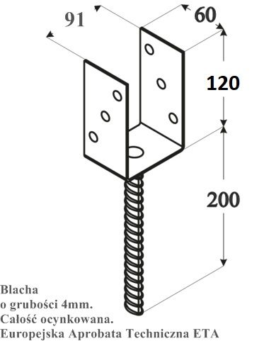 Podstawa słupa do wmurowania kotwa U 90mm grubość 4mm