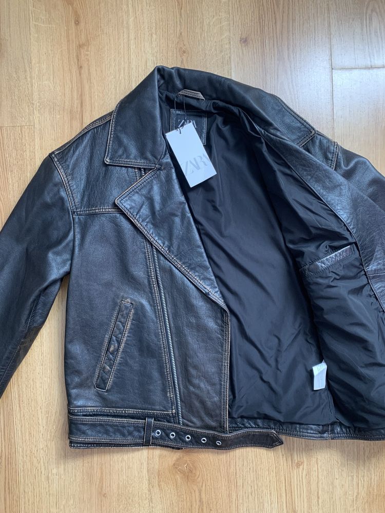 Zara viralowa vintage ramoneska oversize biker skóra naturalna nowa S