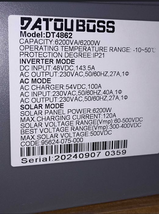 Гібридний інвертор Datouboss 6.2 kW DT4682 в наявності