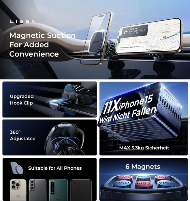 LISEN Magnetyczny Samochodowy Uchwyt na Telefon
