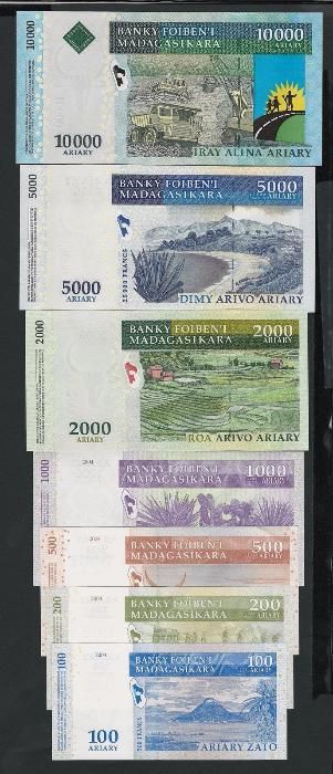 Conjunto 7 notas Madagáscar Ariary raro UNC