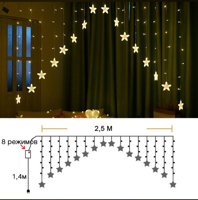 Гірлянда-штора "Зірки абстрактні" теплий-білий