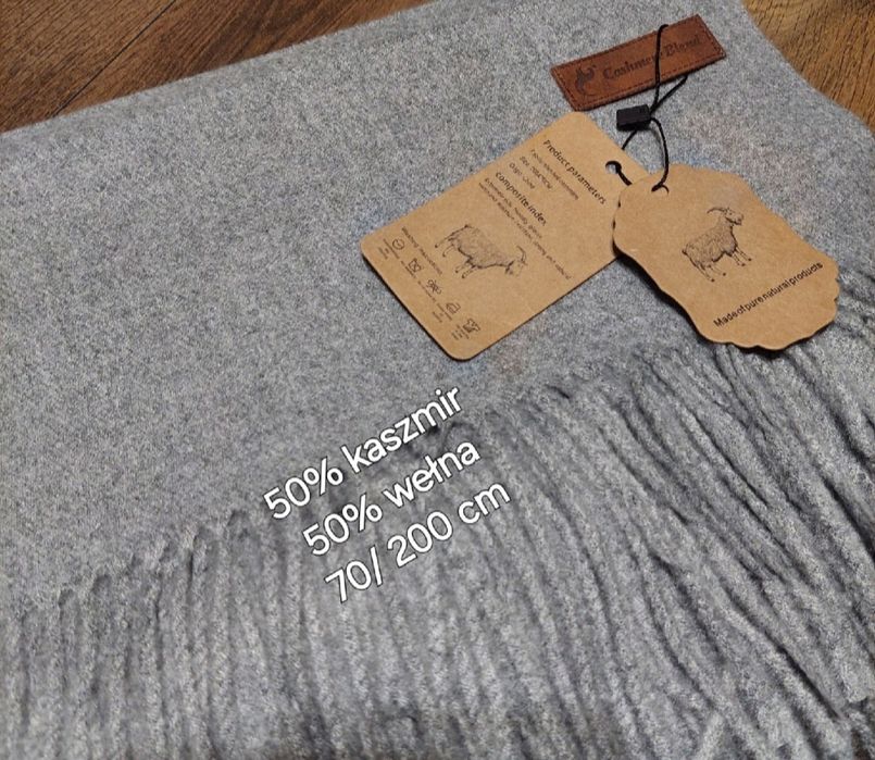 Piękny szal 50%kaszmir 50% wełna duży rozmiar 200x70 cm szary melanż