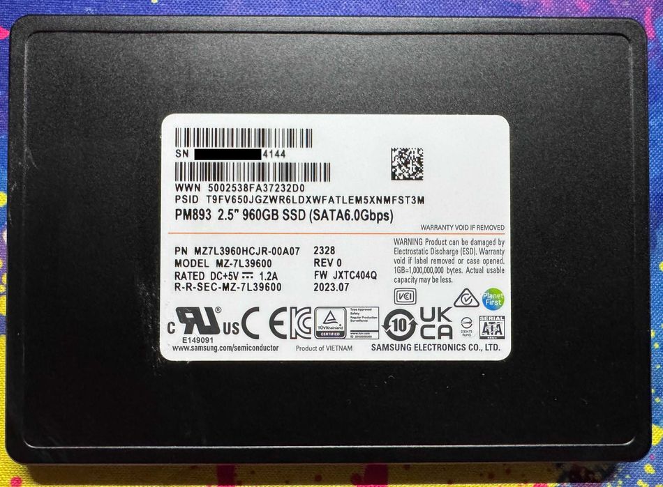 SSD диск Samsung PM893 960GB 2.5" SATA III V-NAND (MLC) (MZ7L3960HCJR)