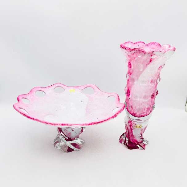 Misa patera 32cm na stopce nakrapiane szkło Czeskie szkło styl Murano