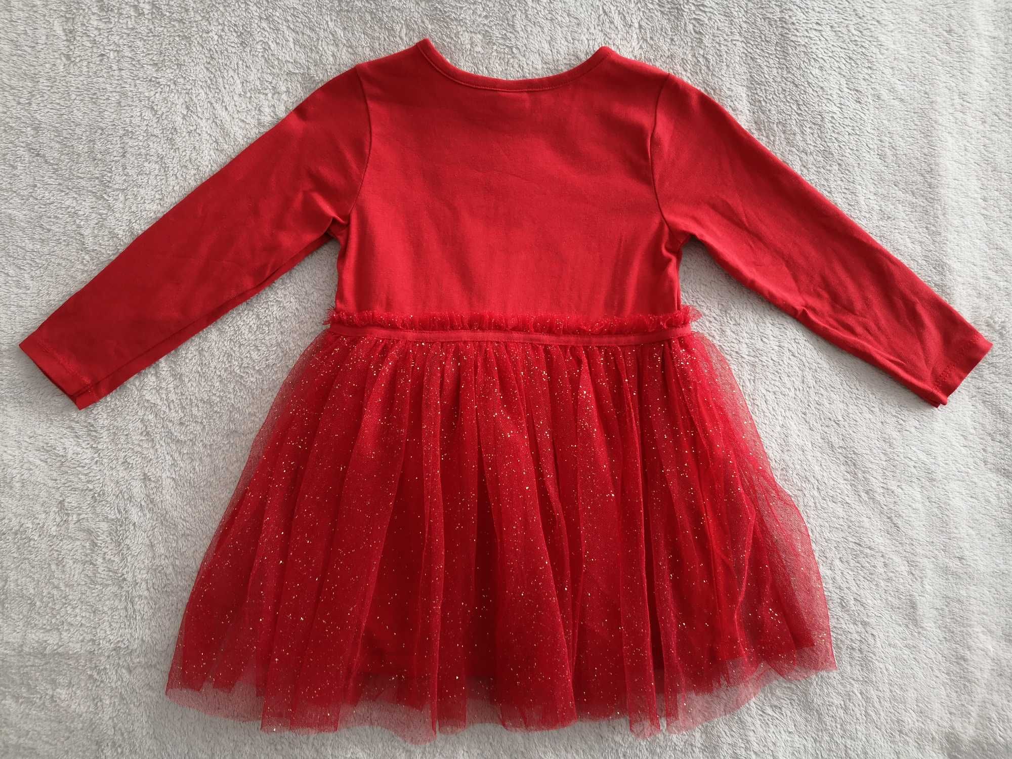 Czerwona elegancka tiulowa brokatowa sukienka H&M 92 jak nowa