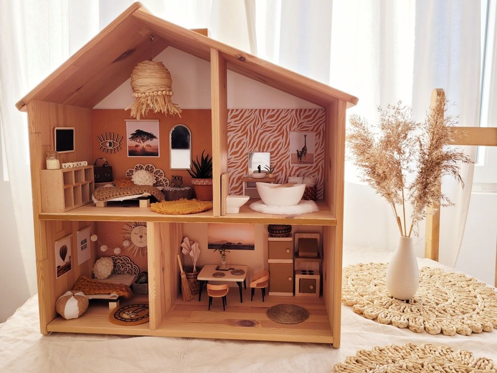 Drewniany domek dla myszek lalek boho safari pokój mebelki do domku