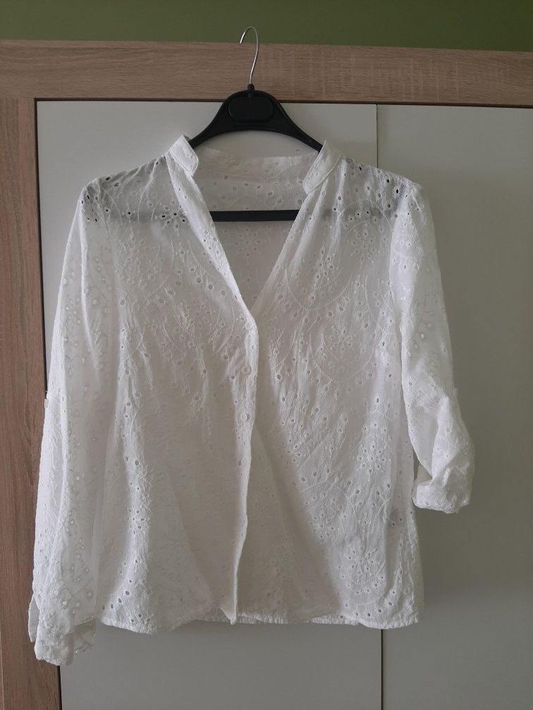 Biała elegancka wyszywana koszula, rozpinana bluzka shein 36