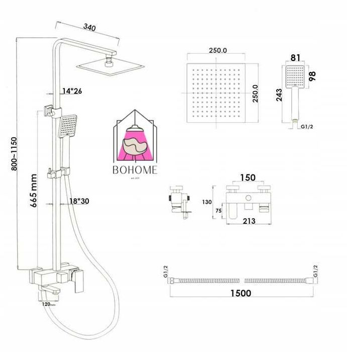 NOWY Zestaw Prysznicowy Czarny LOFT 3w1 Deszczownica Wylewka Kolumna