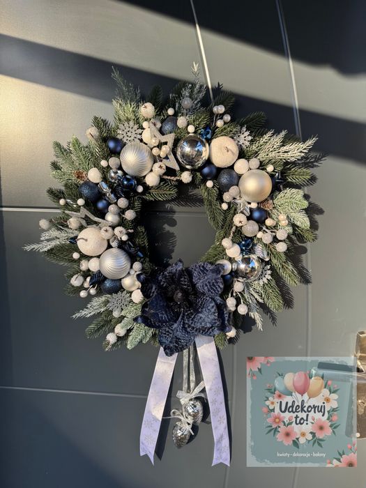 Wieniec/ wianek bożonarodzeniowy granat/biel/ srebro