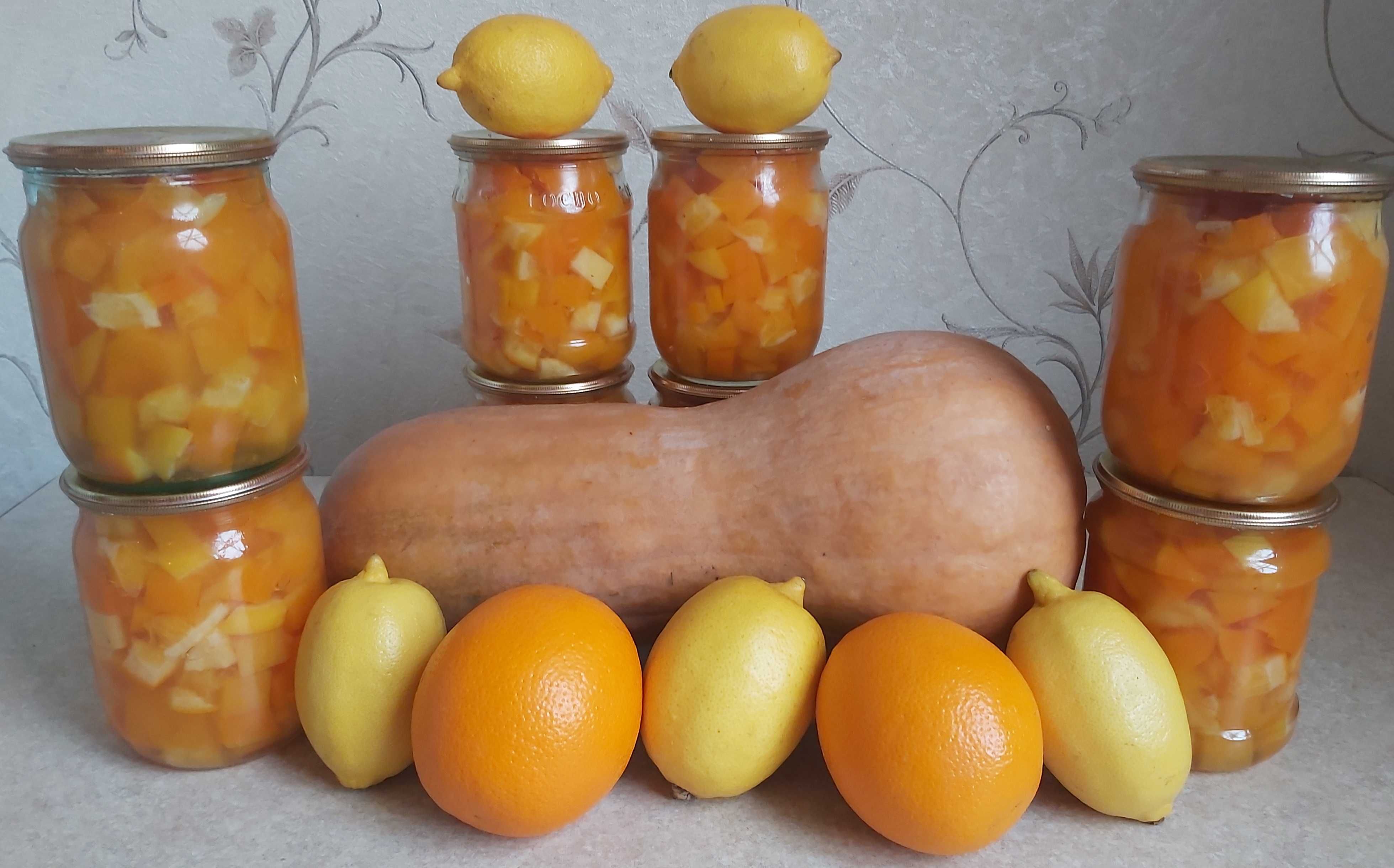Варенье из кусочков тыквы, апельсина и лимона в собственном соку