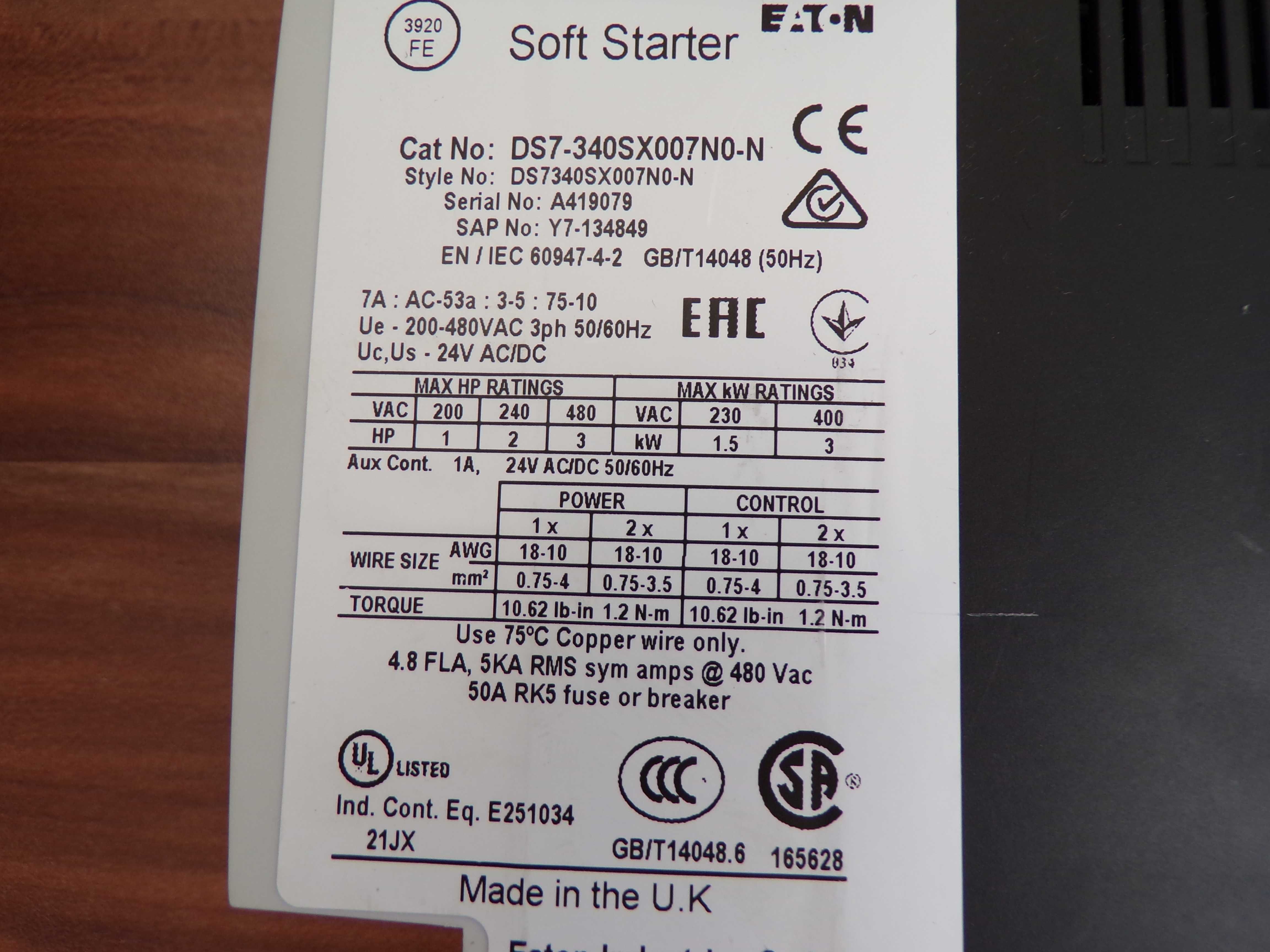 Softstart 3‑fazowy 400VAC 4A 1,5kW/400V  EATON  --4 szt