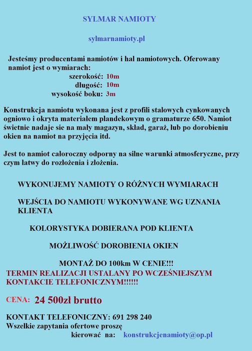 Namiot hala namiotowa 10x10m