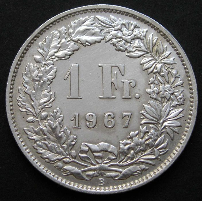 Szwajcaria 1 frank 1967 - srebro - stan 1/2   .