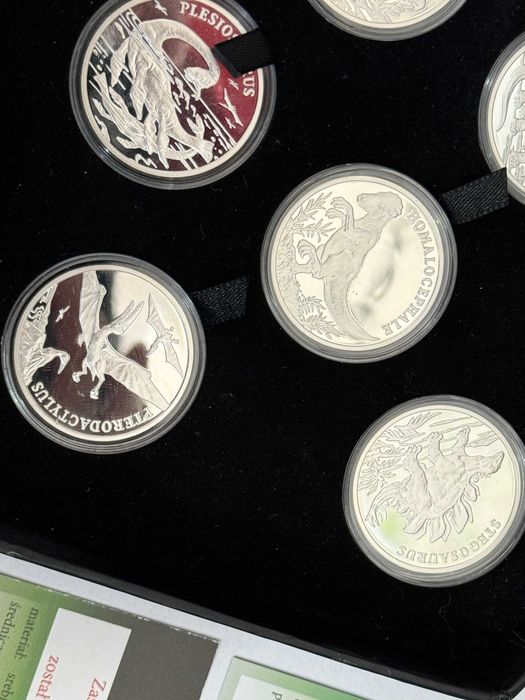 8szt DINOSAURIA srebro 925 srebrne numizmaty Dinozaury NA PREZENT