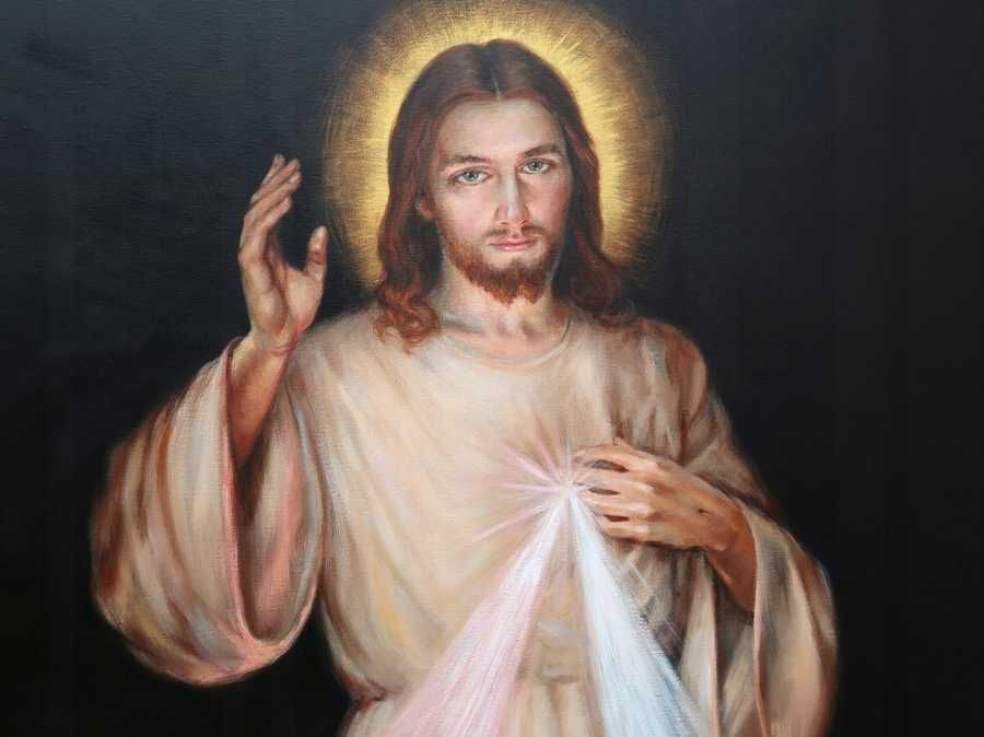 DUŻY obraz malowany JEZU UFAM TOBIE MIŁOSIERNY rama złota do kościoła