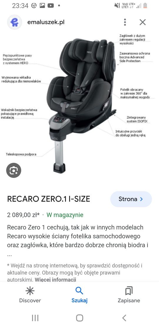 Fotelik OBROTOWY Fotelik recaro zero one 1 do 4 lat