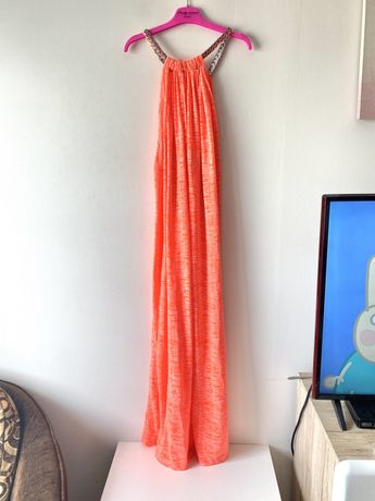 Długa sukienka neon pomarancz dresowa luzna uniwersalna