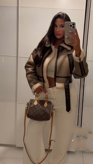 Zara kożuch L 40 pilotka kurtka brązowy biker