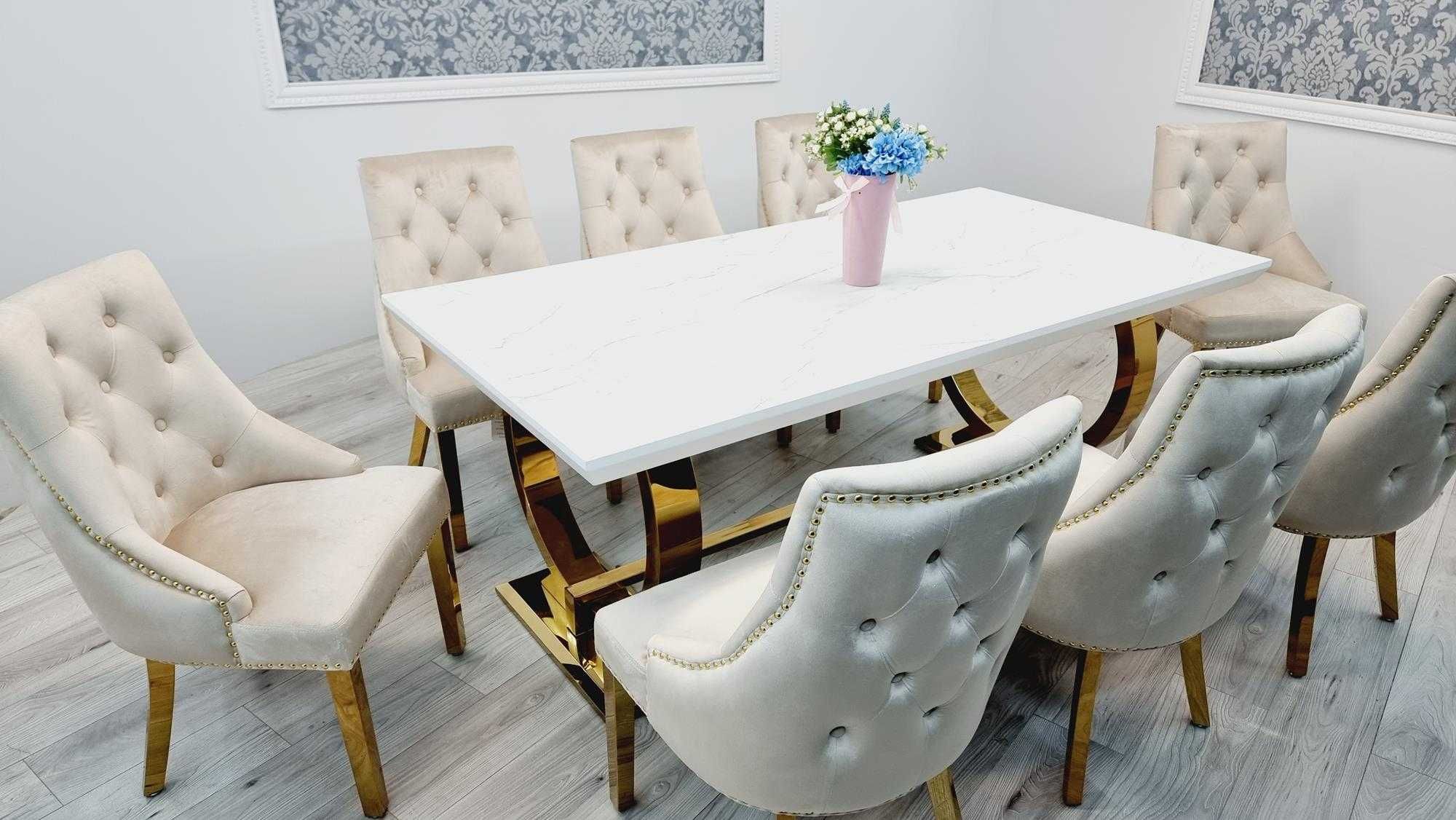 Jadalnia stół rozkładany OMEGA marmur gelato 200/300cm + 8 krzeseł MIO