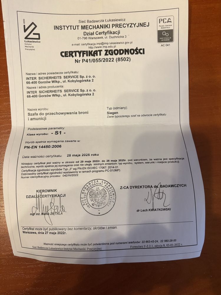 Szafa metalowa na bron klasa S 1