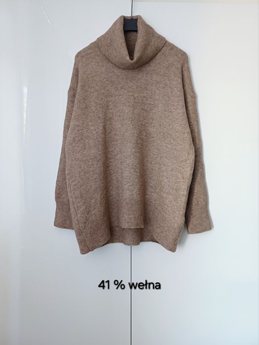 Massimo Dutti wełniany golf beżowy wełna oversize sweter z golfem beż