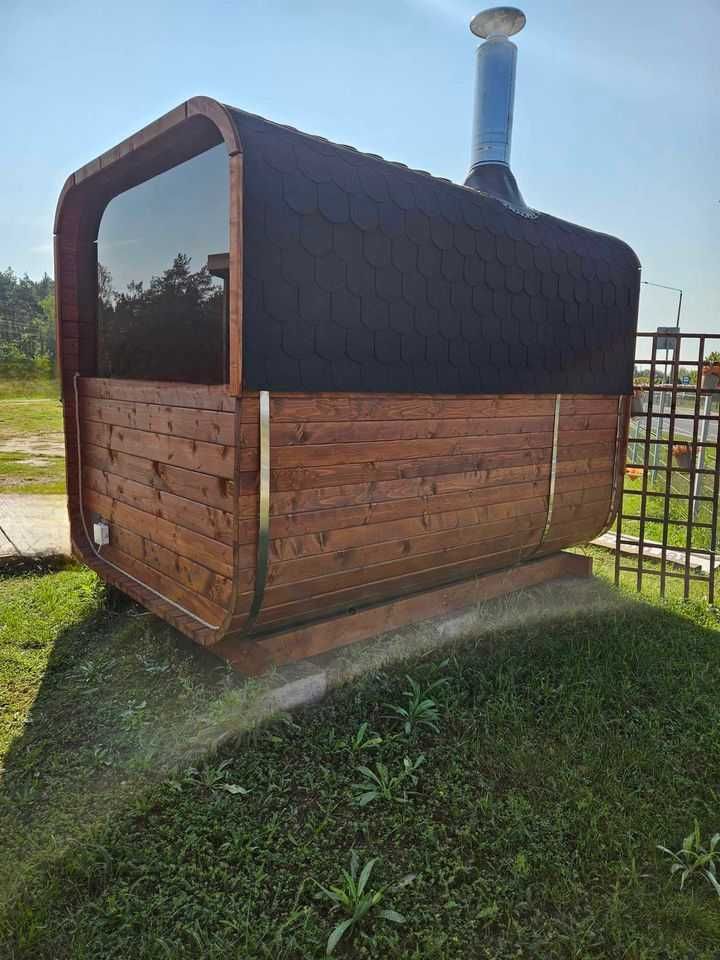 Sauna ogrodowa z piecem opalanym drewnem panorama ławeczka 1-8 osób