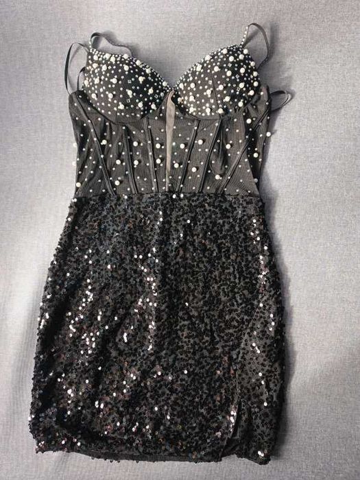 Sukienka damska mini cekiny i perły S