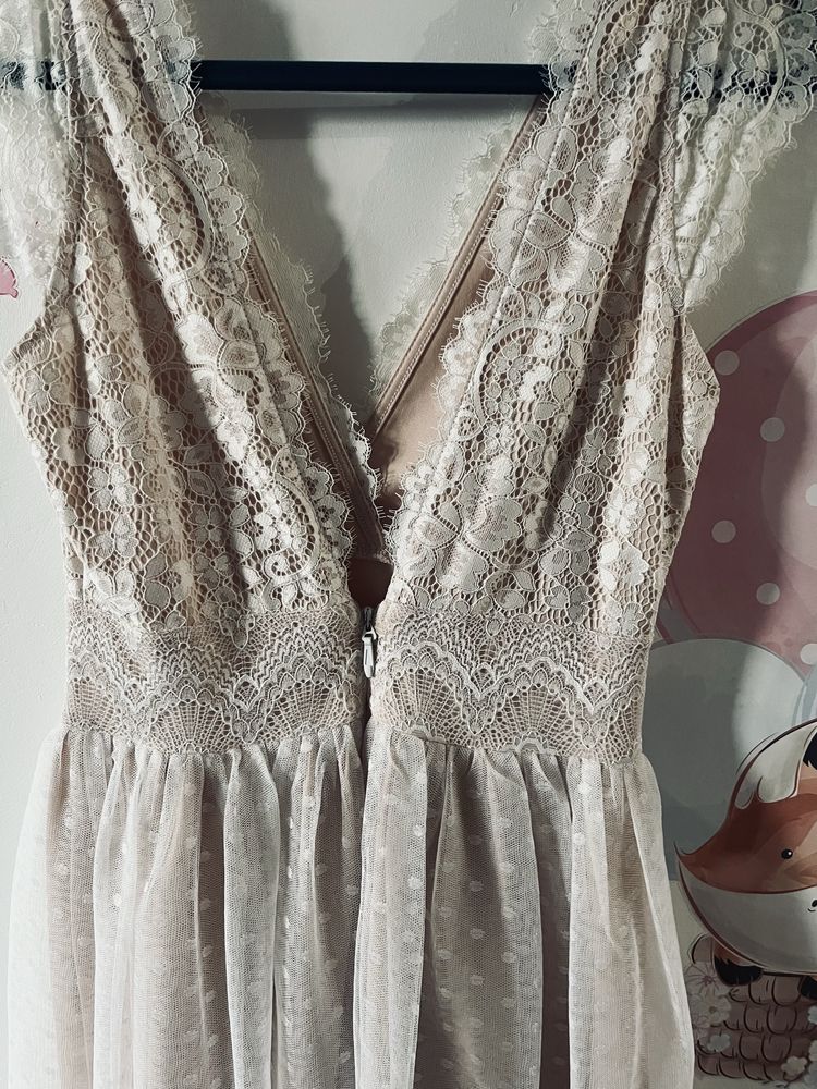Koronkową tiulowa sukienka ślub wesele  boho style  pudrowy róż 36