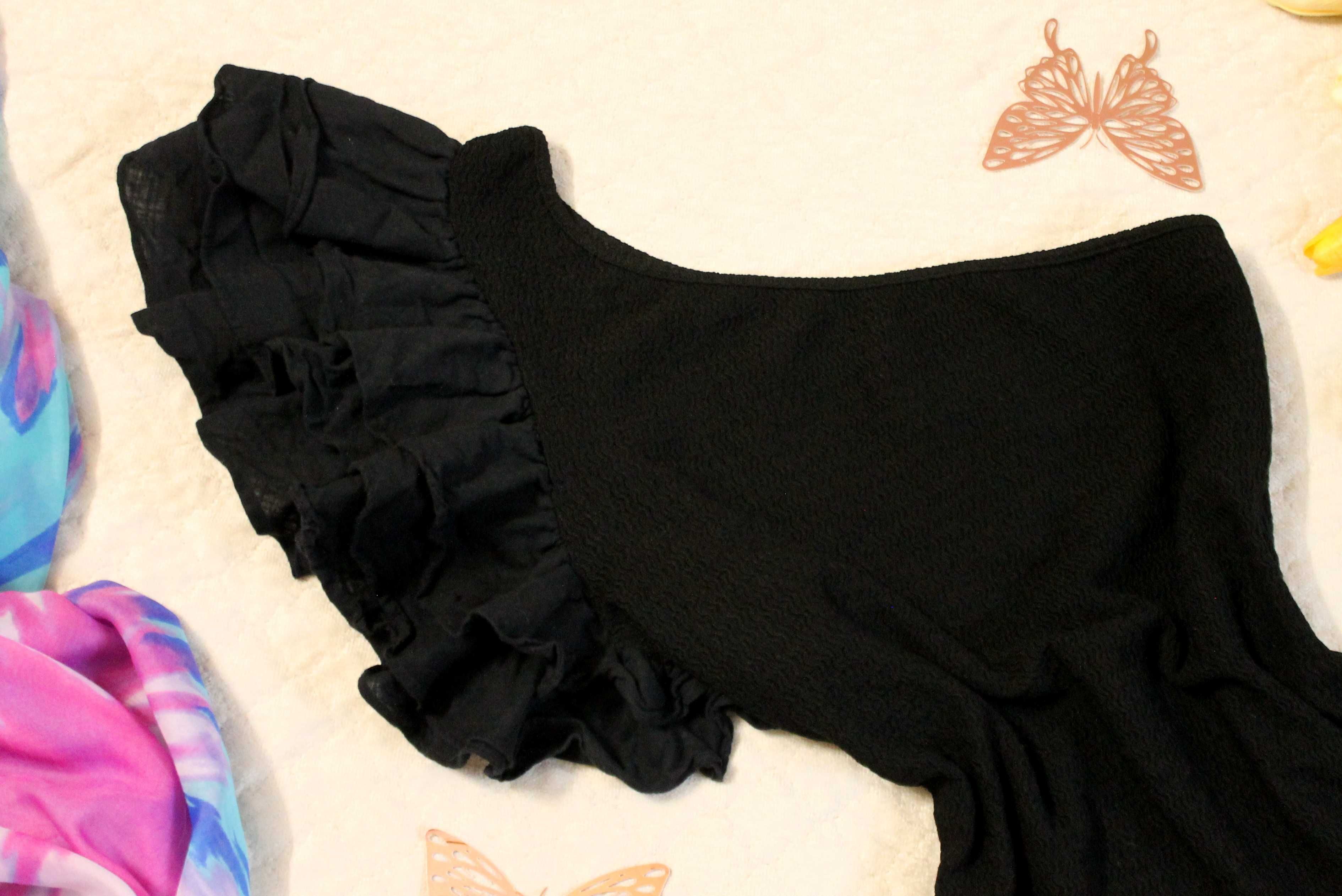 Shein Asymetryczne Czarne Body Tłoczony Materiał Rękaw Falbanka S/M