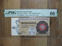 Banknot PRL 200000 złotych 1989 rok seria G grading PMG 66 niski numer