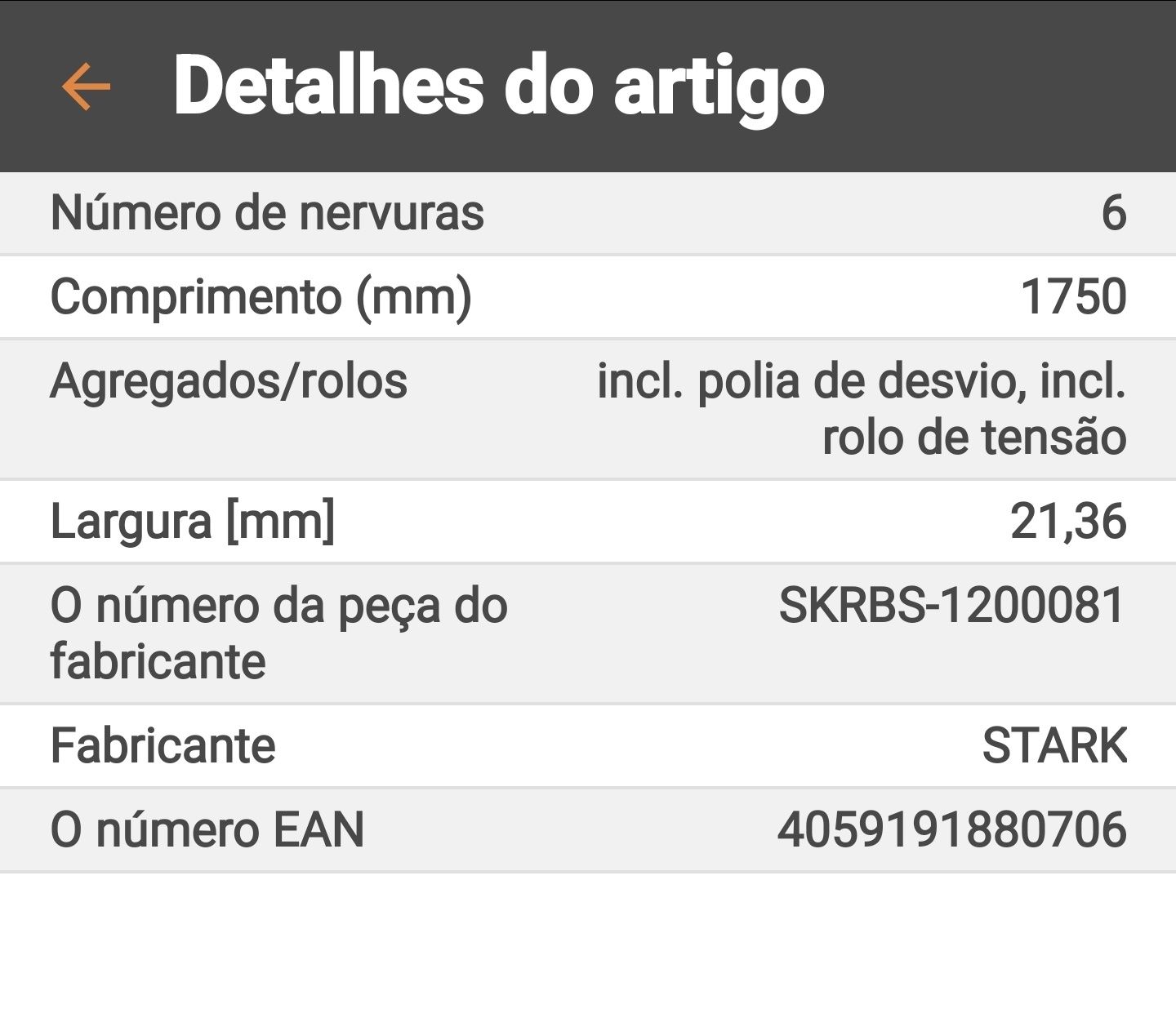 Jogo de correias trapezoidais 6 nervuras, 1750mm