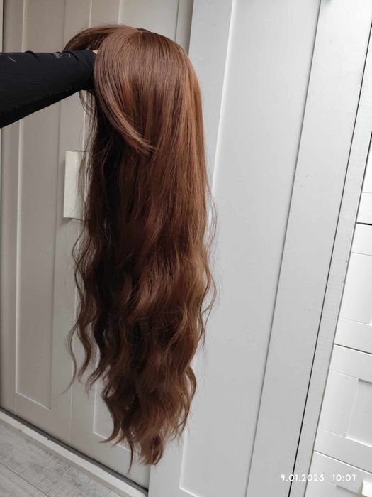 Peruka brąz brązowa z grzywką gęsta fale WIG cosplay