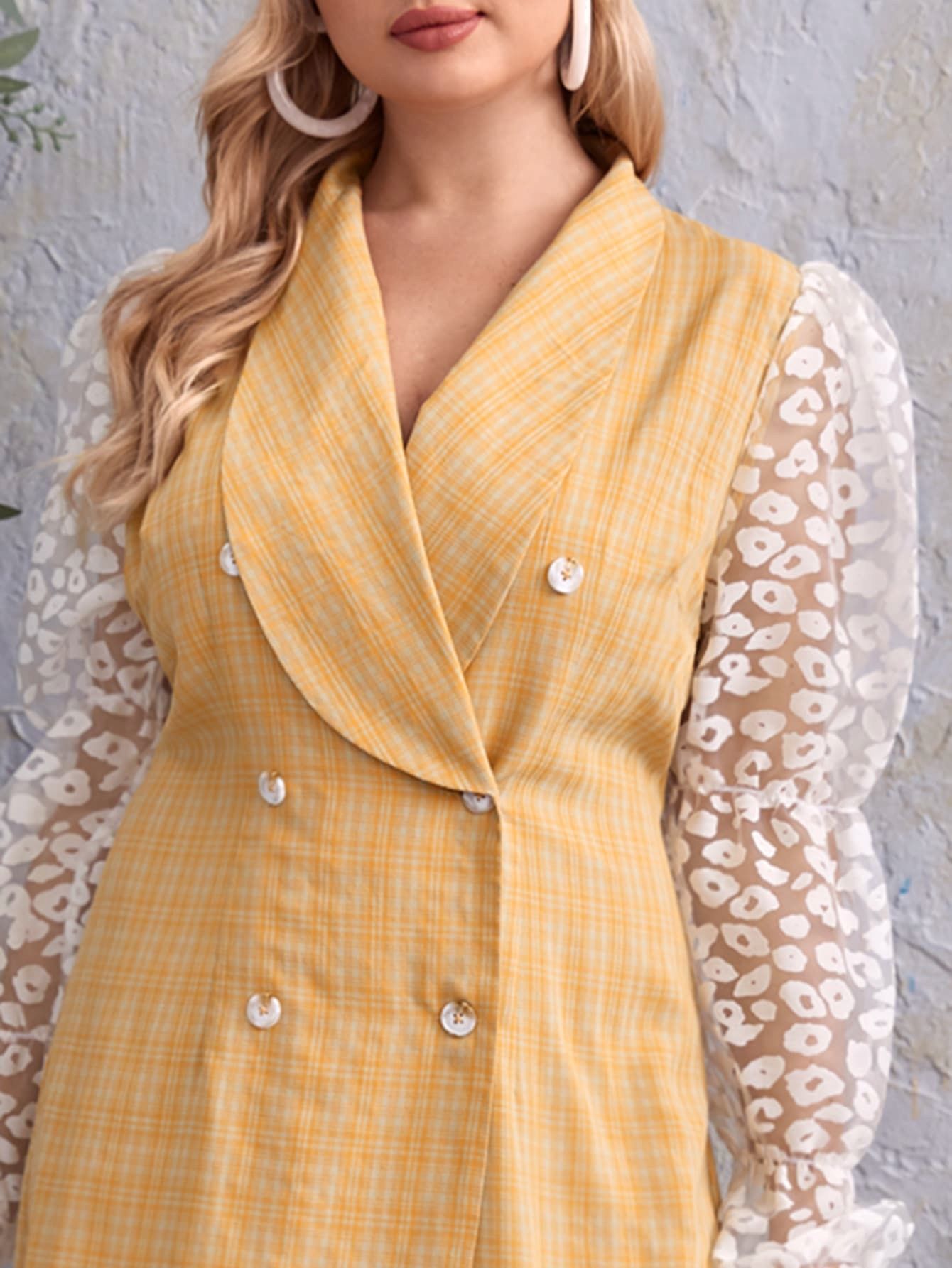 Sukienka Marynarkowa Maxi W Kratkę Z Siateczkowymi Rękawami Shein 4Xl