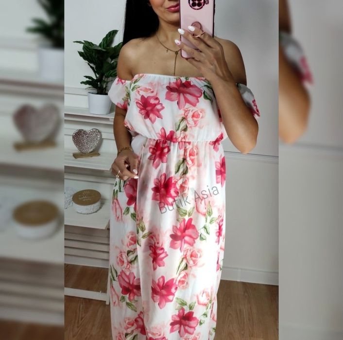 Sukienka letnia biała 34,36 kwiatki 38 długa hiszpanka nową kwiatowa