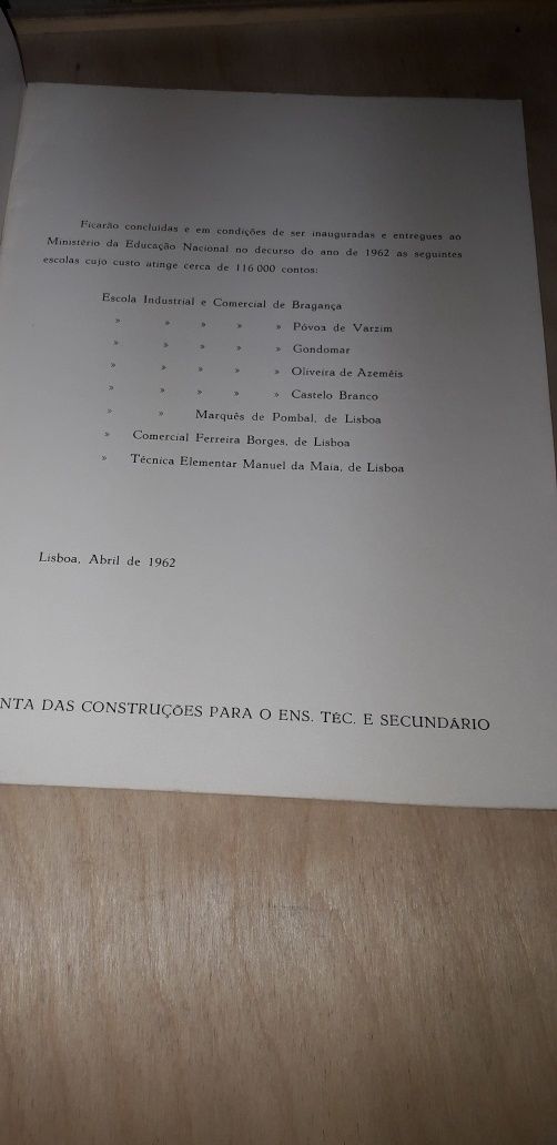 Novas Instalações de Escolas Técnicas a Inaugurar em (1962, 1963)