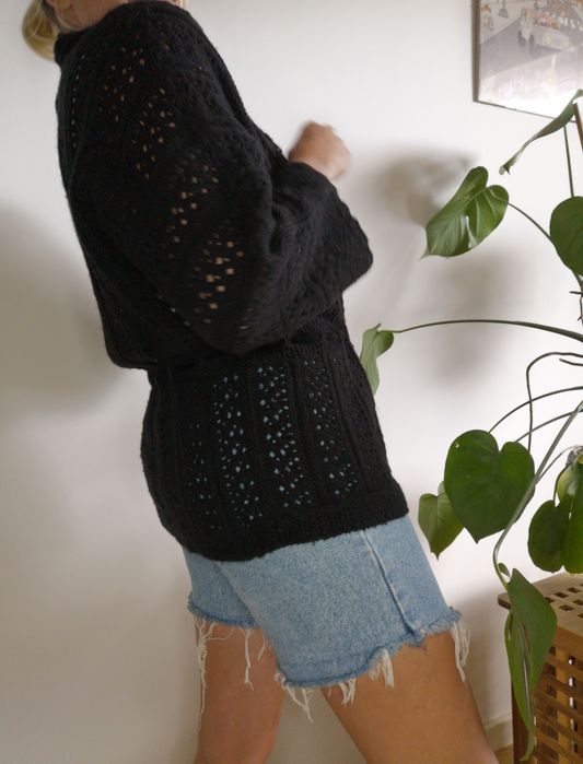 Czarny ażurowy kardigan oversize boho wełna vintage