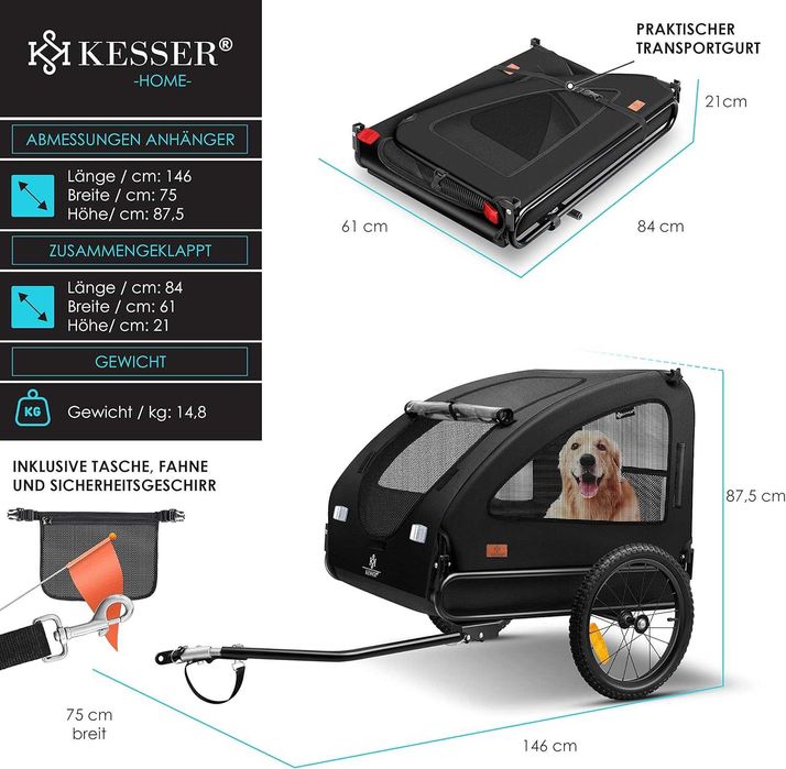 Kesser Przyczepka rowerowa dla psa kota 2W1 do roweru 45KG czarna