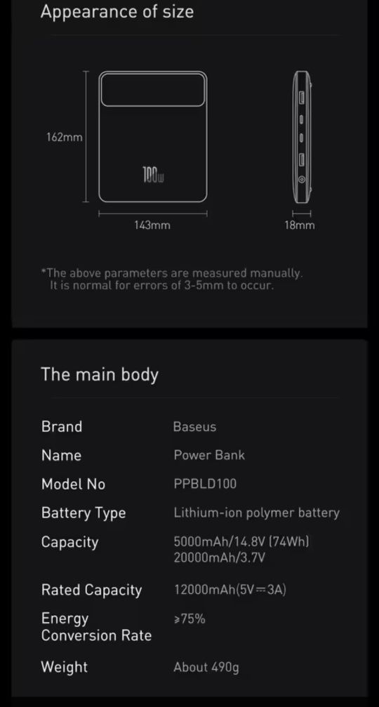Power bank Baseus Blade 100W 20000mAh