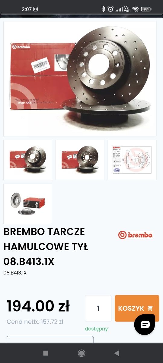 Octavia lll Tarcze Brembo Xtra 08.B413.1X tył 272 mm. CENA ZA 2SZT.