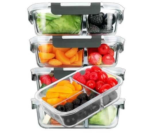 Szklane pojemniki do przygotowywania posiłków 3 komory 5 sztuk