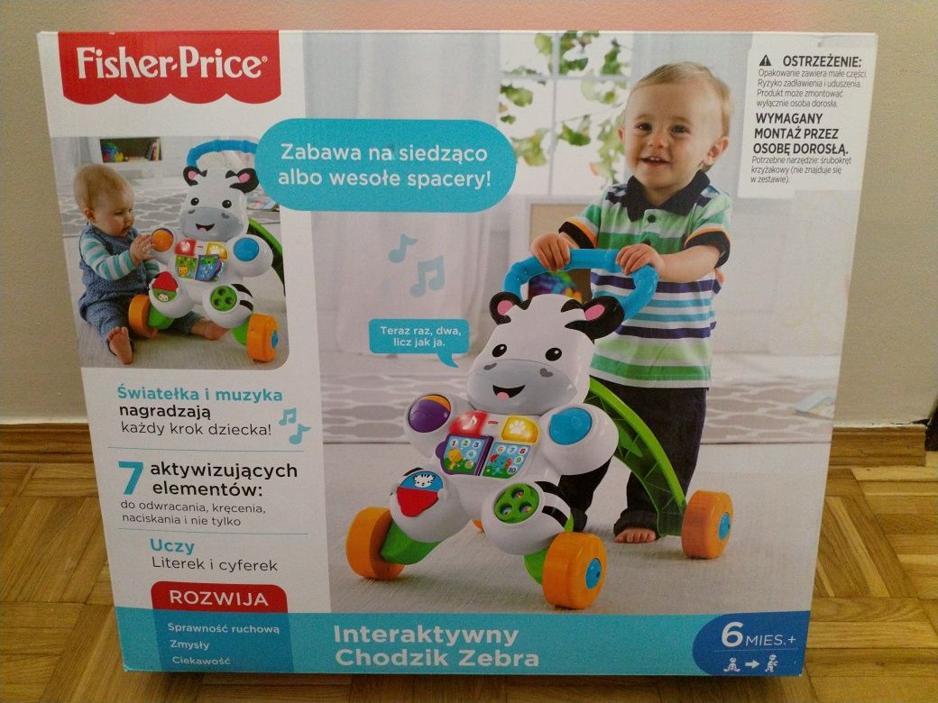 Chodzik pchacz jeździk zebra Fisher Price zabawka edukacyjna j. polski