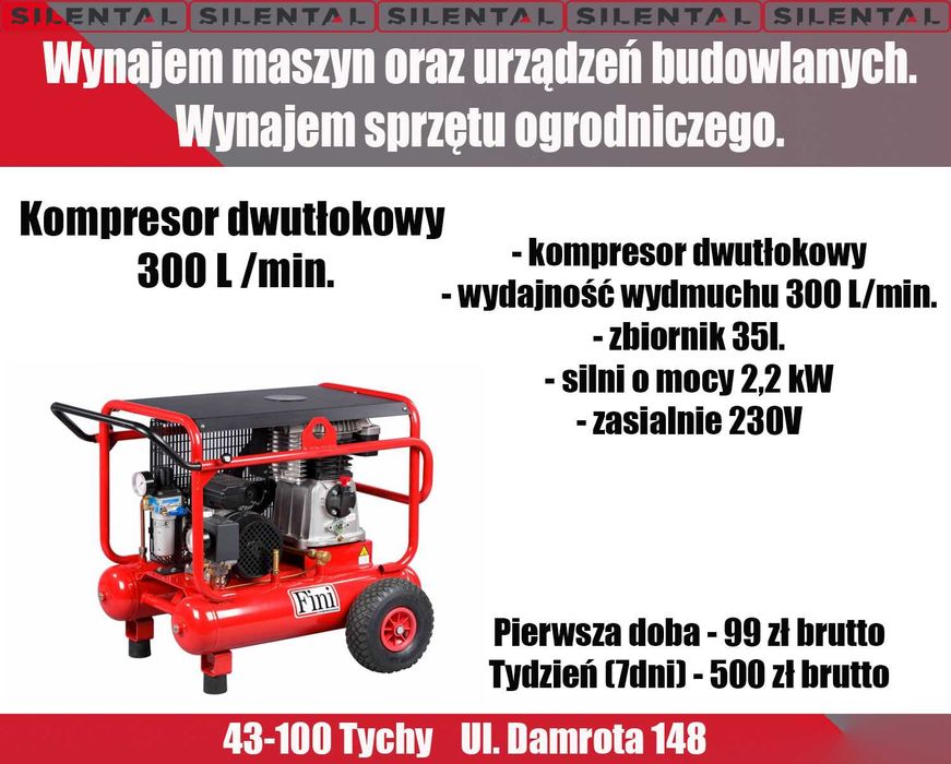 Kompresor dwutłokowy 300 L/min moc 2kW sprężarka tłokowa wynajem TYCHY