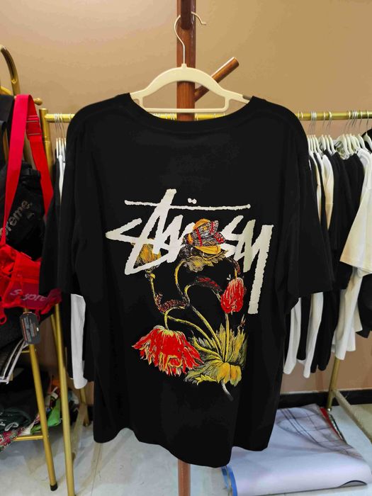 Stussy，Męska czarna koszulka z nadrukiem letnim, rozmiar L