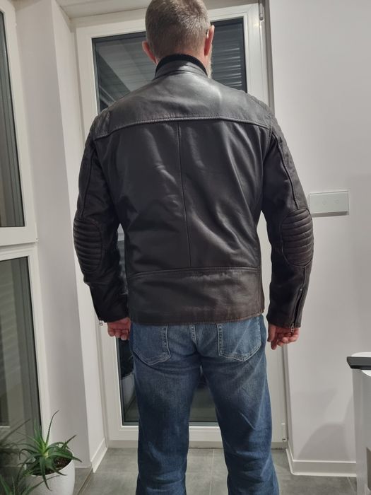 Skórzana kurtka motocyklowa, męska, brązowa skóra, rozmiar L/XL,